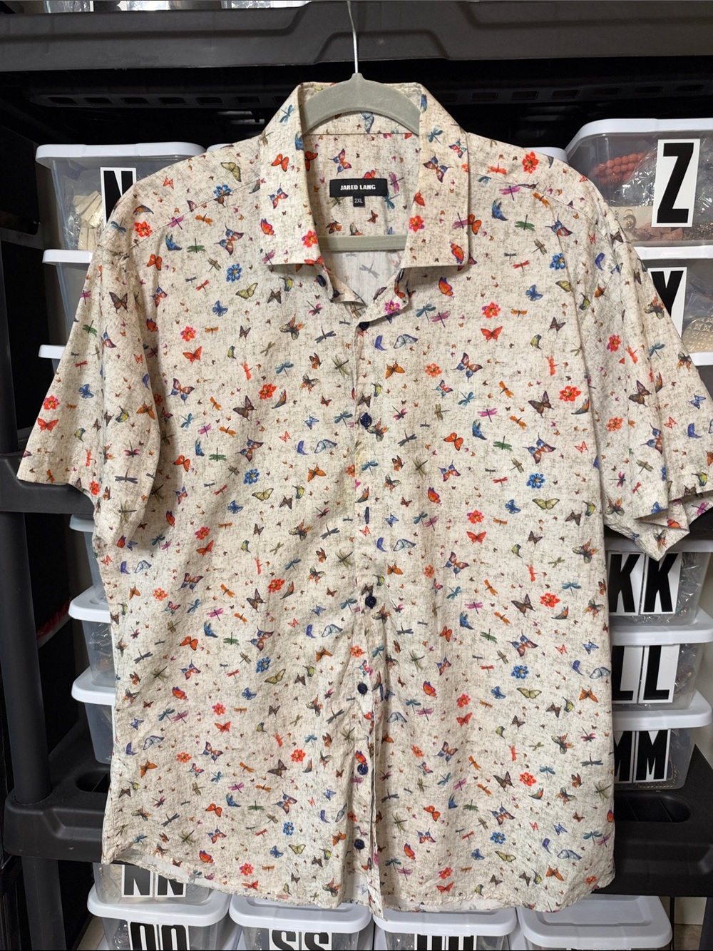 Jared Lang Men's Short-Sleeve Floral & Butterfly Print Shirt - Cream